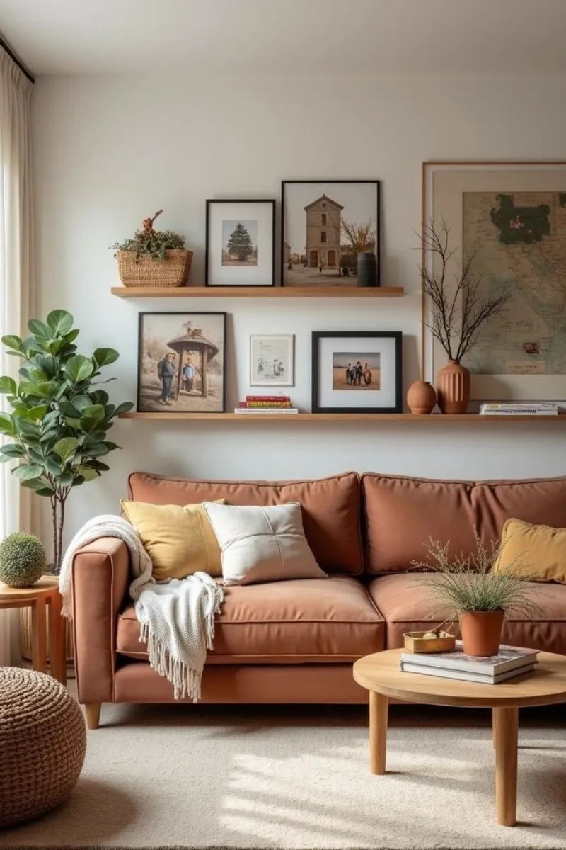 a feng shui living room with a photo wall behind the sofa