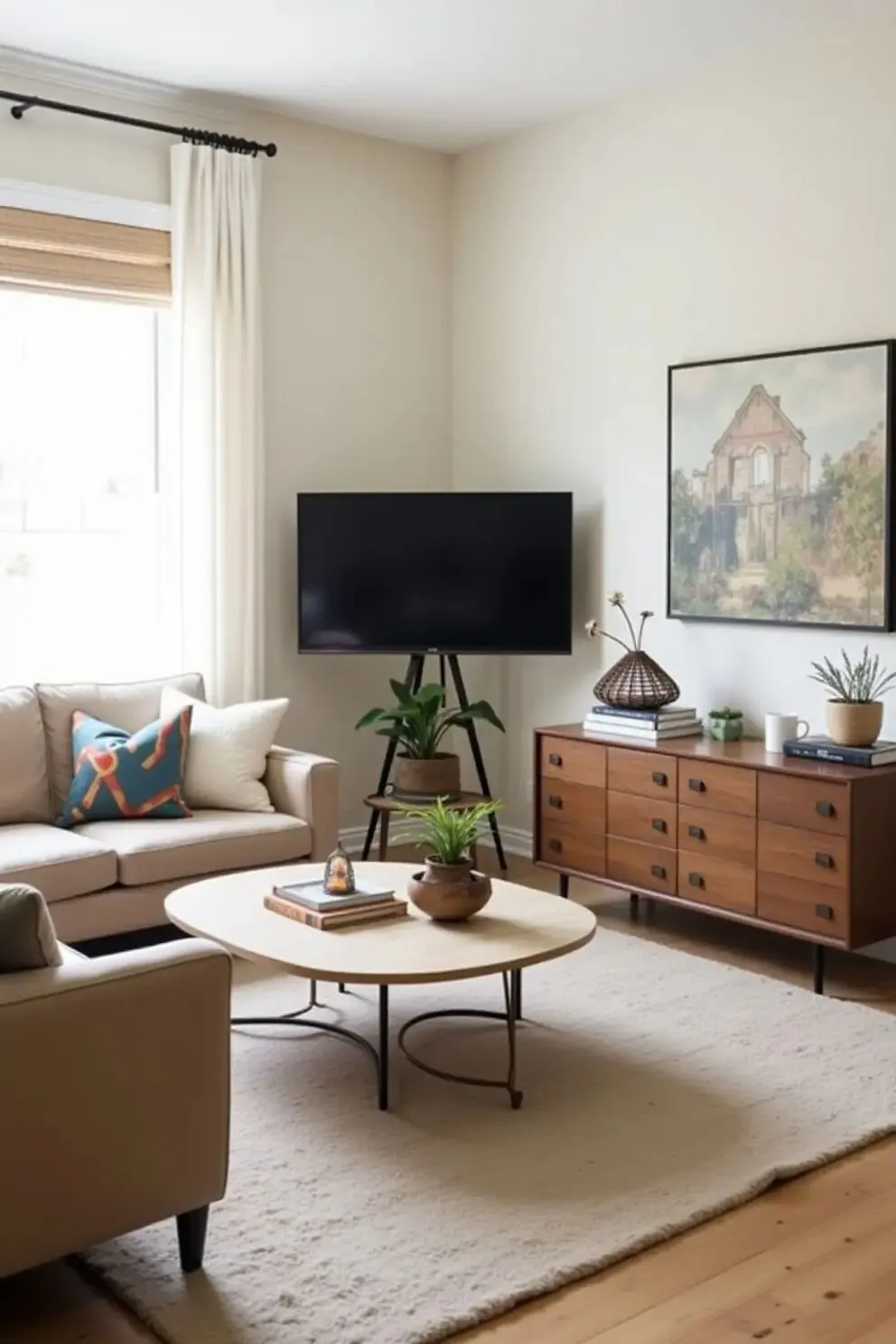 a feng shui living room with a movable tv at the corner