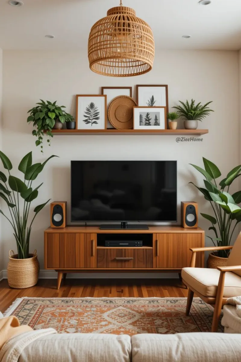 a feng shui living room with potted plants near the tv