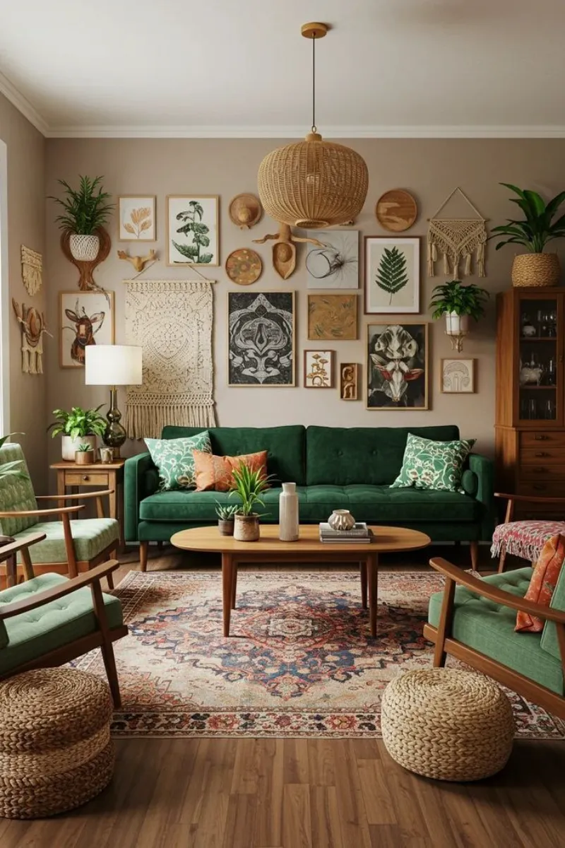 a feng shui living room with green sofa and wooden chairs