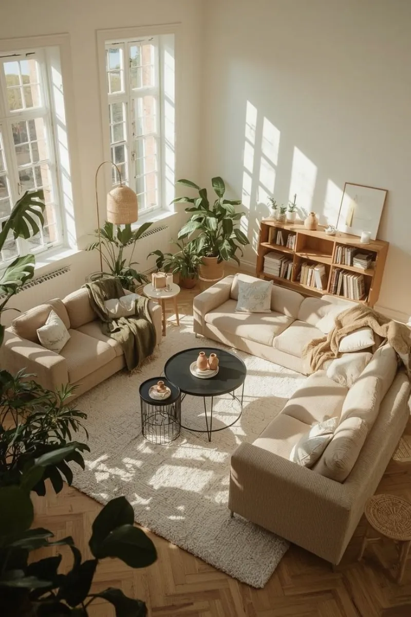 a feng shui living room with a rug as divider