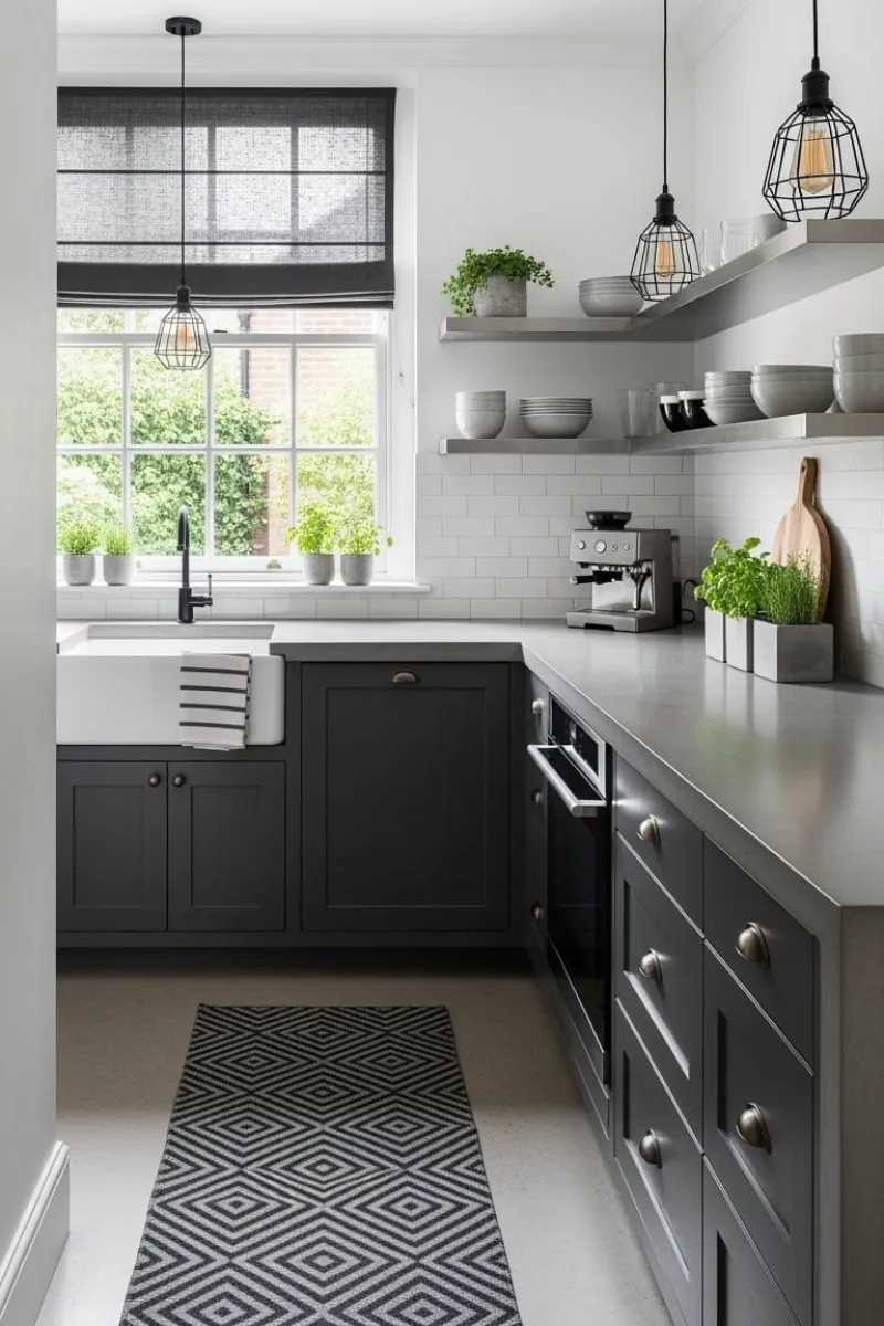 6 Small Grey Kitchen Ideas That Still Feel Open 3 a grey kitchen with white counter and white backsplash