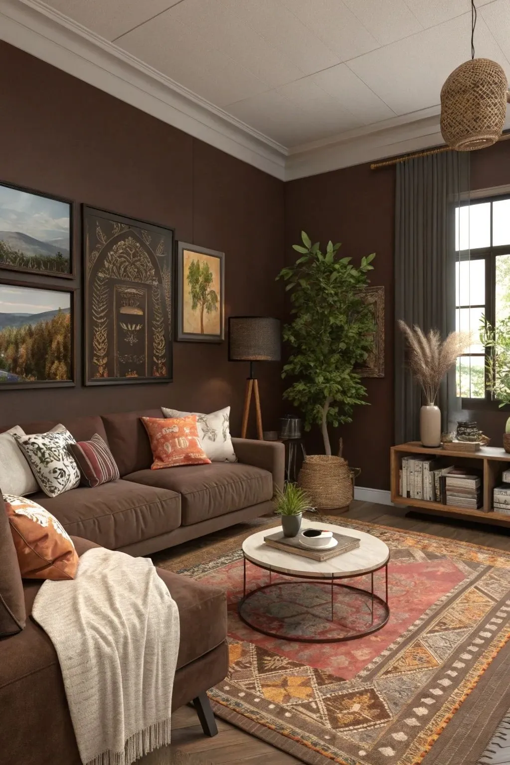 a large living room with brown sofa and brown wall
