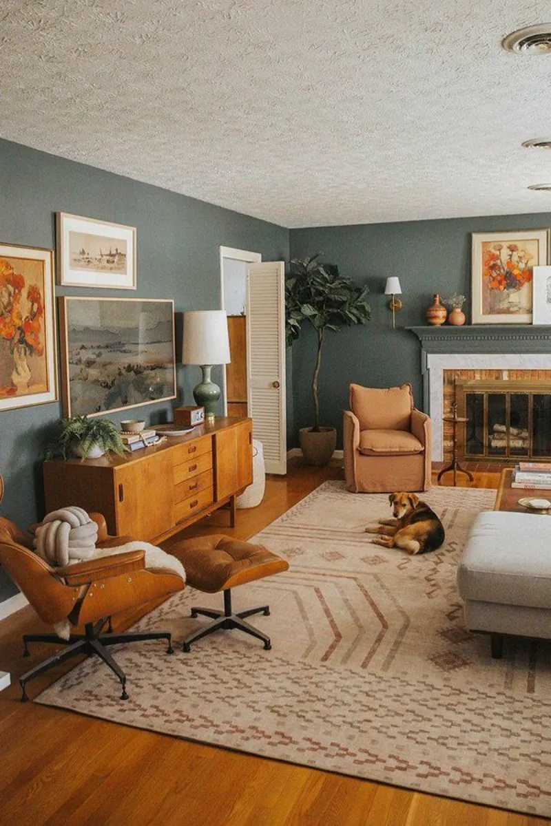 a large living room with a rectangular rug