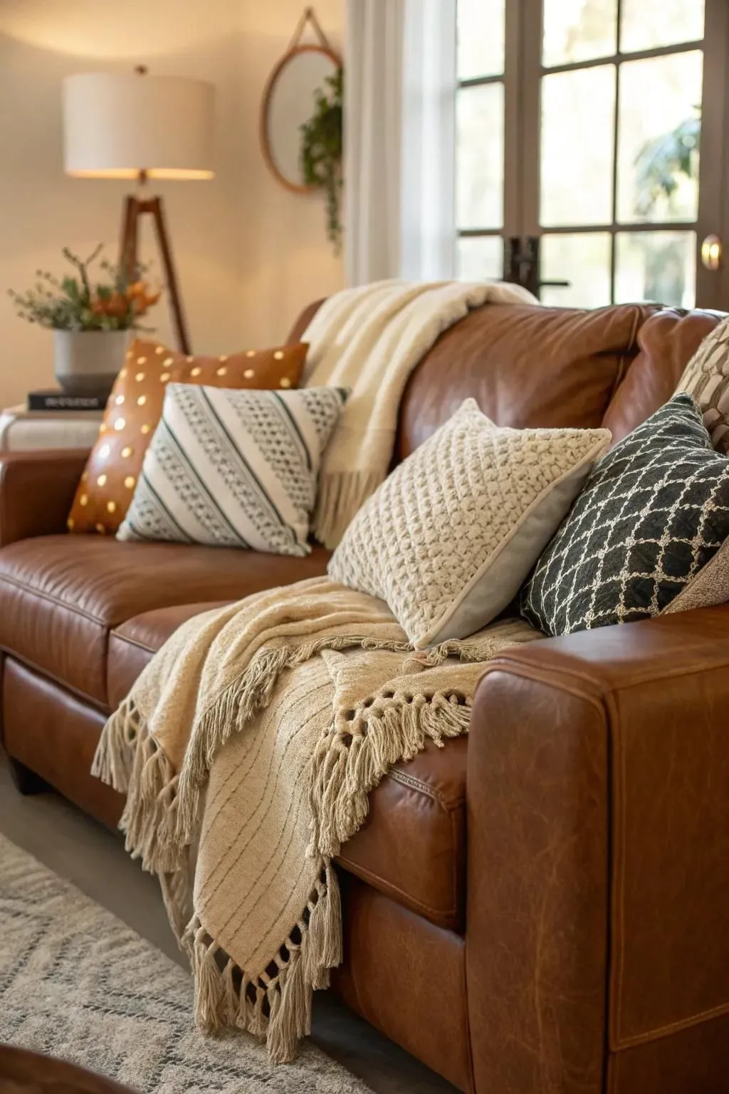 a leather brown sofa with blankets and pillows