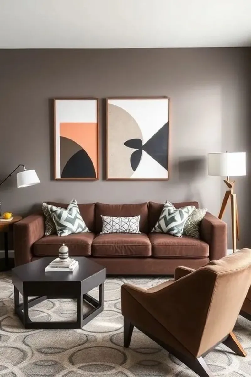 a modern living room with brown sofa and art decor