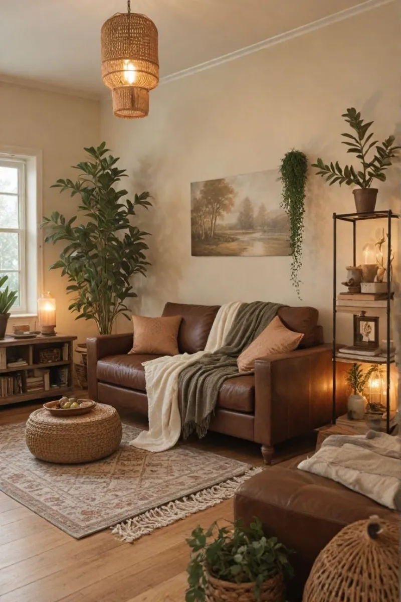 a living room in camel style with brown sofa