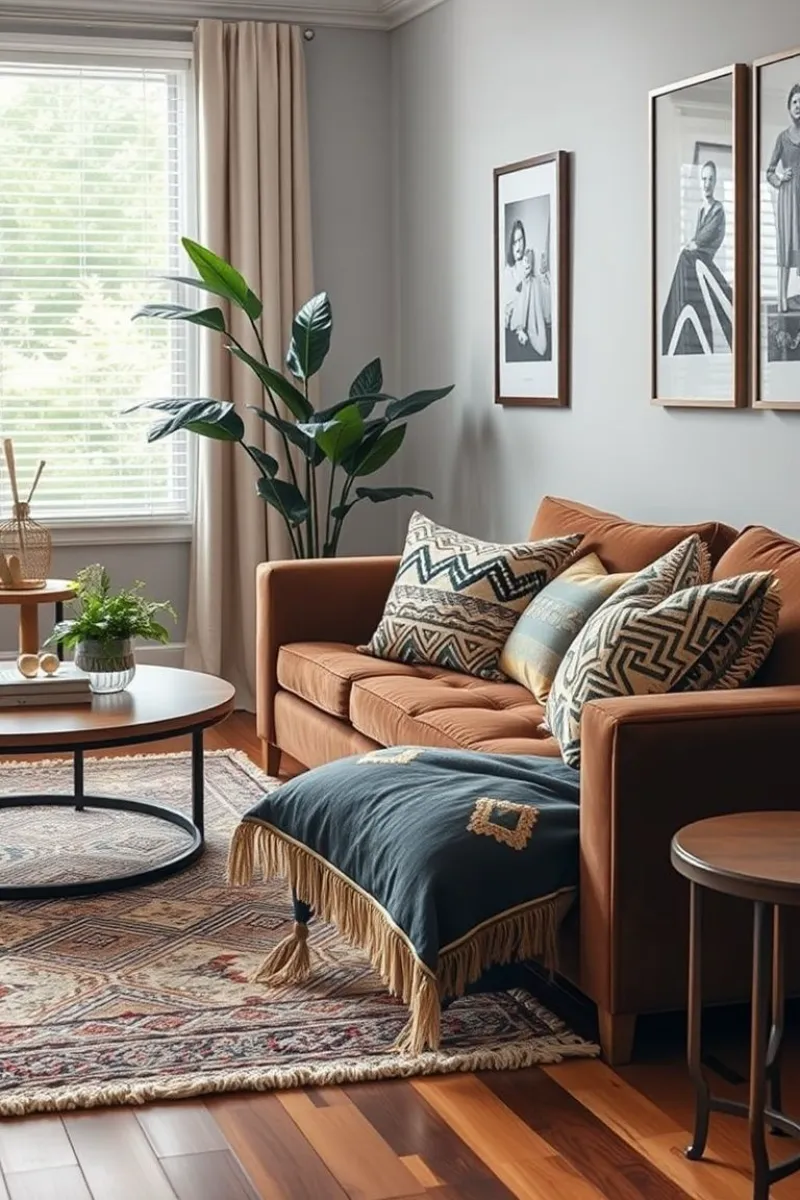 a living room with brown sofa, fabric rug, and pattern pillows