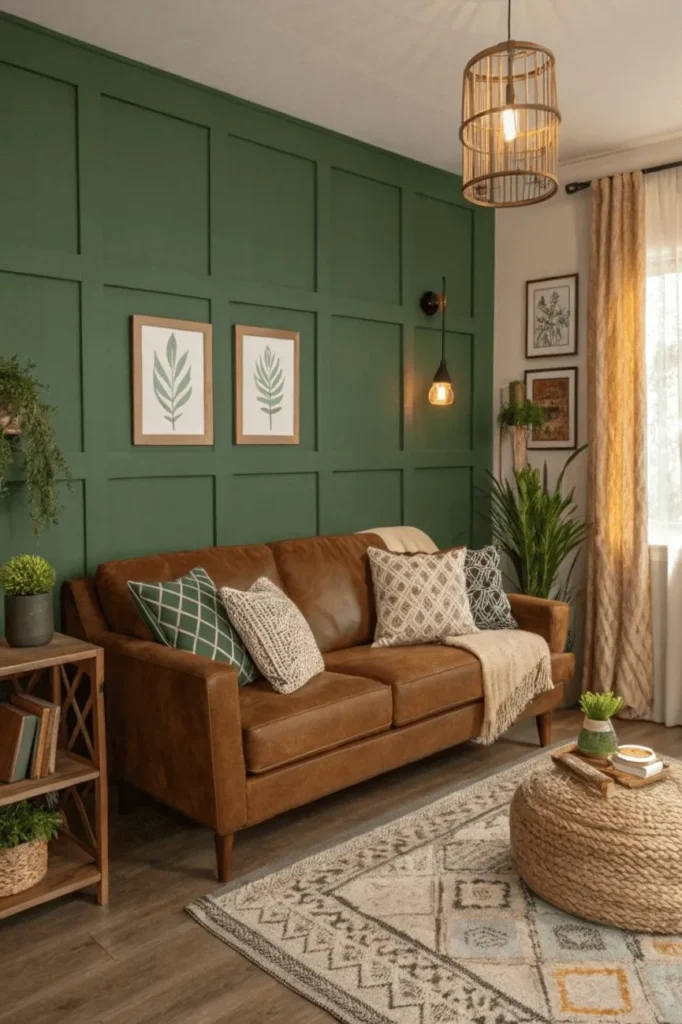 a living room with brown sofa, green wall, and potted plants