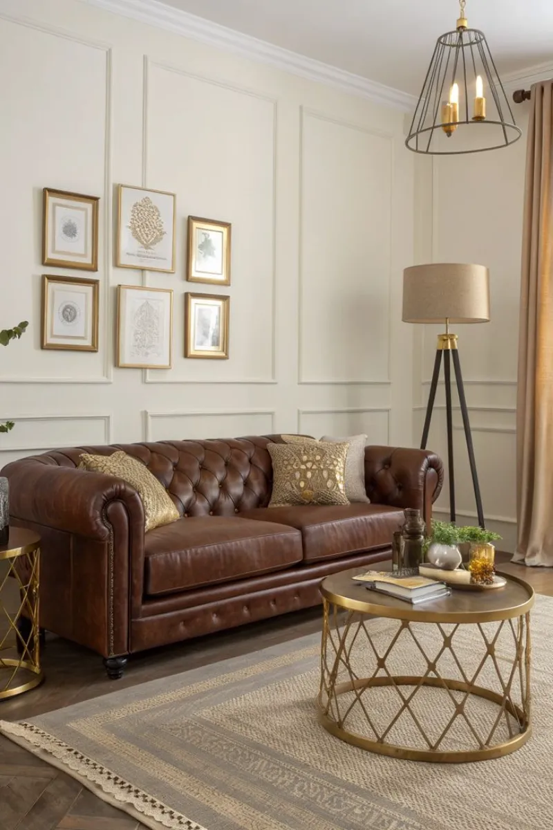 a living room with brown sofa, metal tray, and brass picture frames