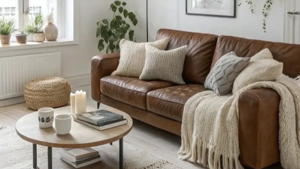 a living room with brown sofa, white wall, and beige blanket