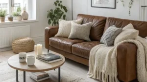 a living room with brown sofa, white wall, and beige blanket