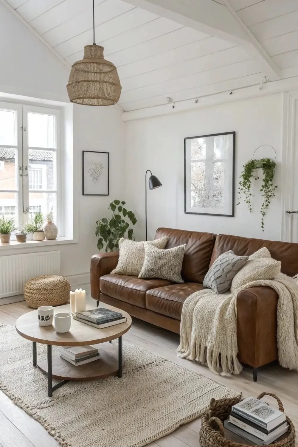 a living room with brown sofa, white wall, beige rug and blanket