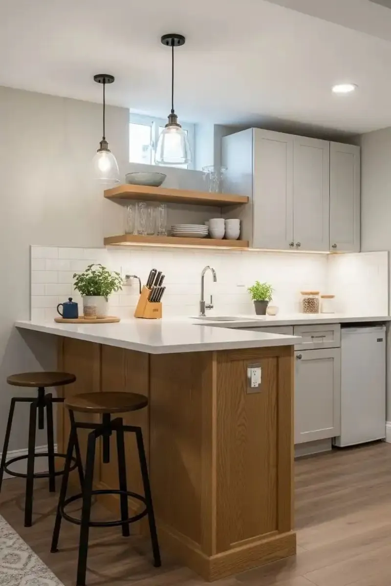 9 Small Basement Kitchen Ideas That Maximize Limited Space 4 a small basement kitchen with cabinet and open shelf for storage