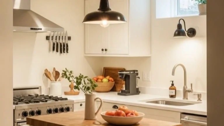 a small basement kitchen with cabinet and open shelf