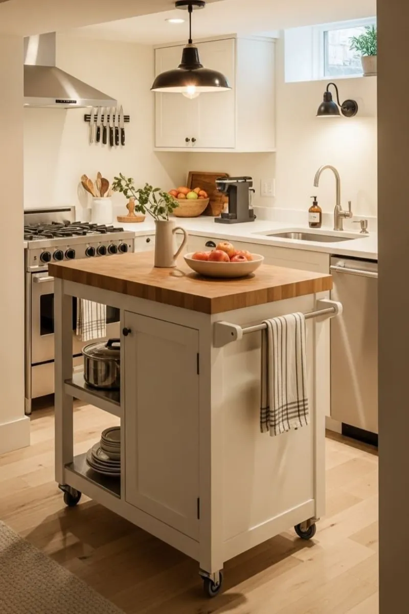 9 Small Basement Kitchen Ideas That Maximize Limited Space 8 a small basement kitchen with a rolling island cart