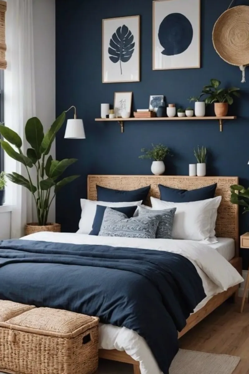 9 Blue Bedroom Ideas for a Fresh and Airy Look 5 a small deep blue bedroom with rattan furnitures