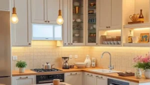 a small kitchen with hanging lights and led lights