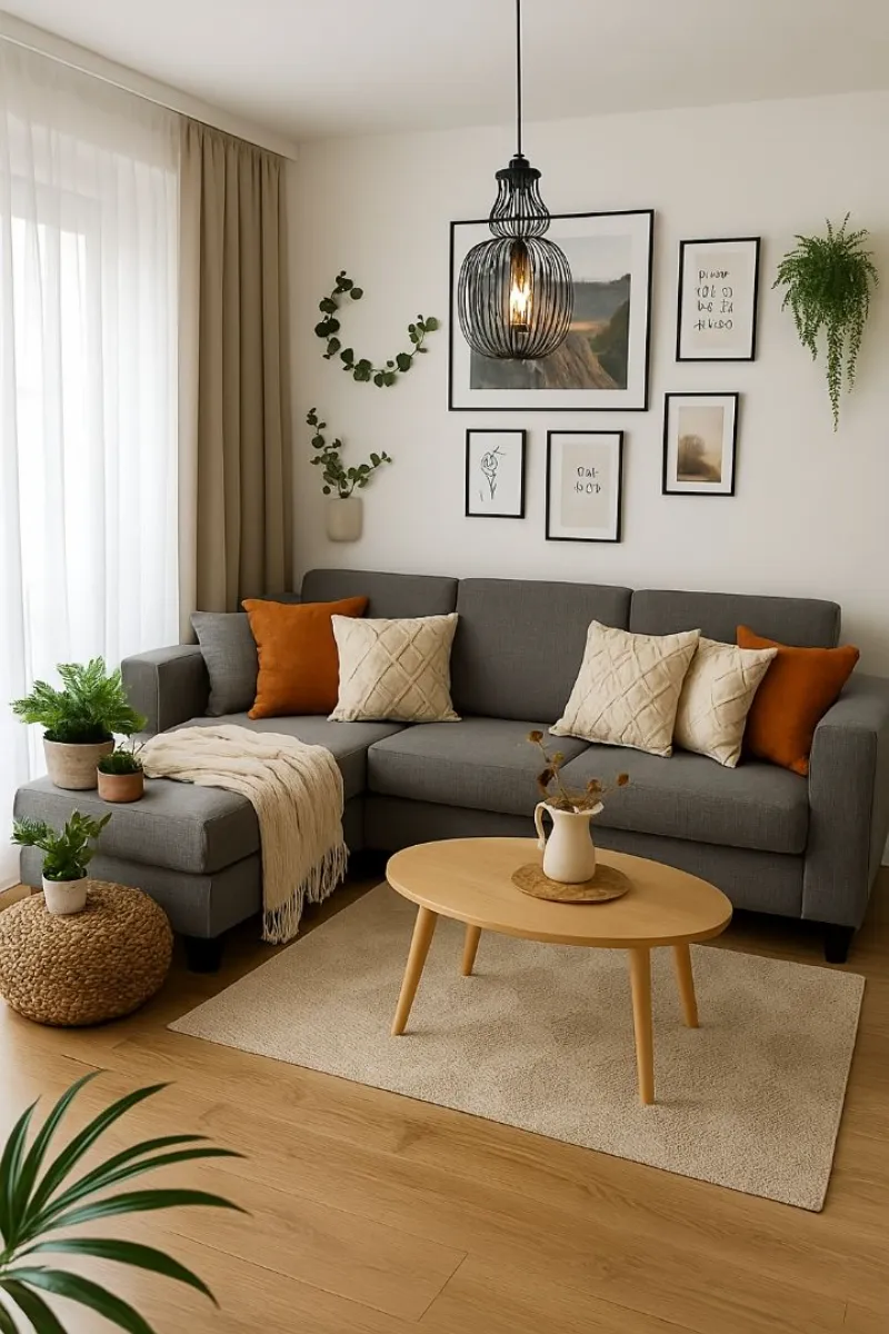 a small living room with a beige rectangular rug