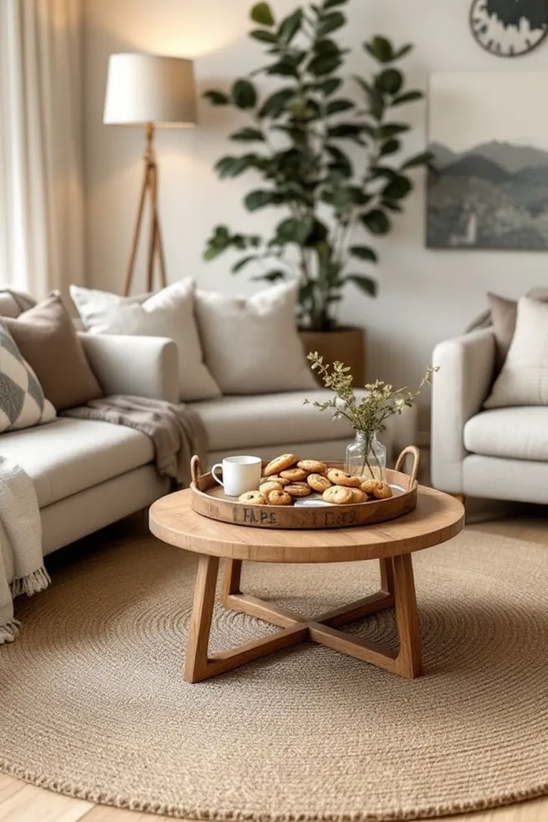 a small living room with a round rug and curved furnitures
