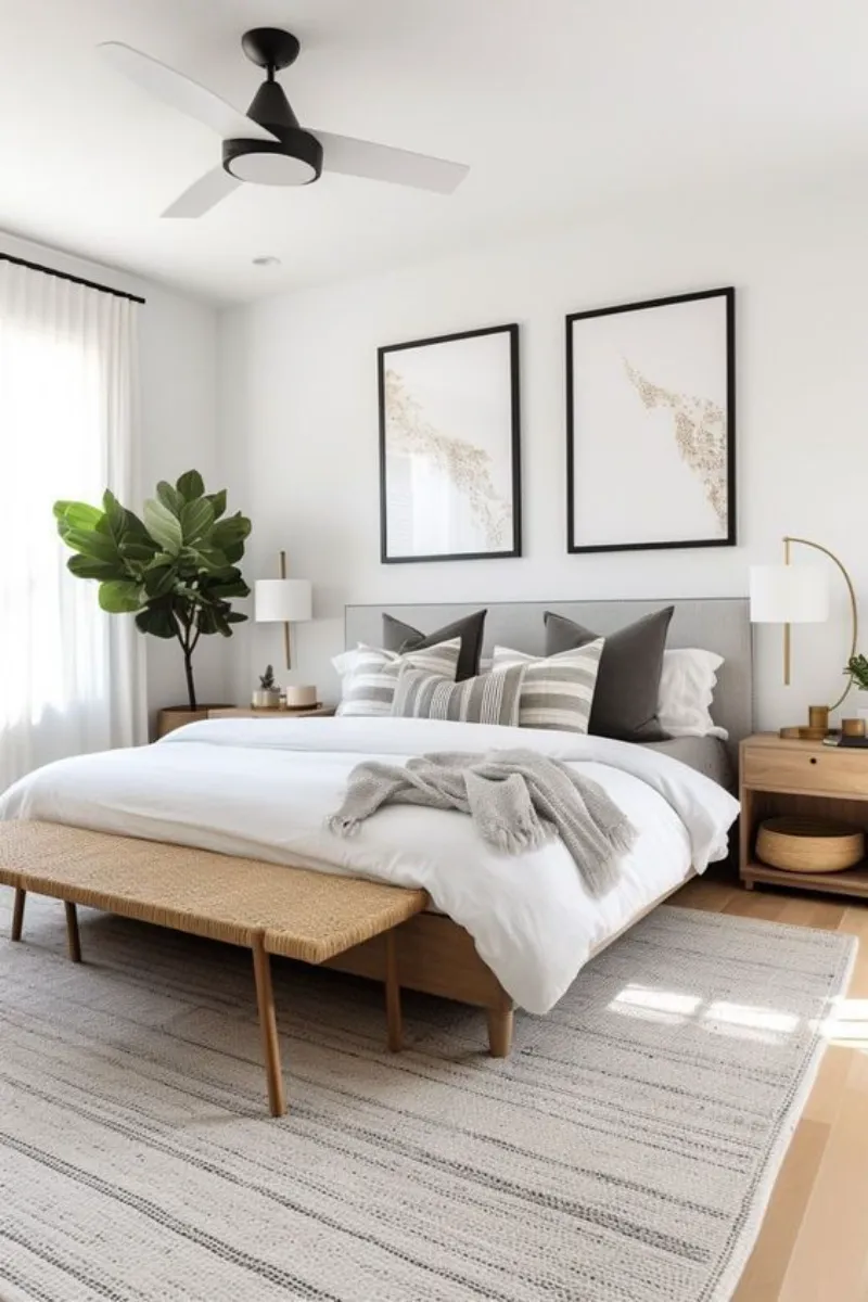 10 Modern White Bedroom Ideas for a Clean and Calm Look 7 a white bedroom with black picture frames and black fan