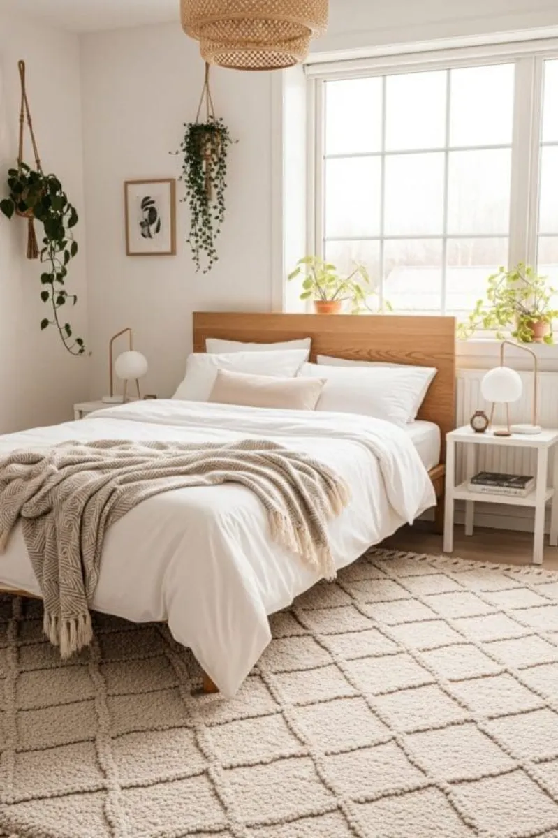 10 Modern White Bedroom Ideas for a Clean and Calm Look 6 a white bedroom with a pattern textured rug