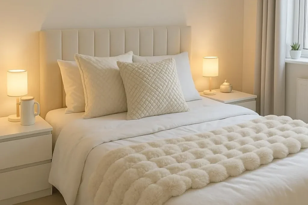 10 Modern White Bedroom Ideas for a Clean and Calm Look 2 a white bedroom with fluffy blanket and warm light