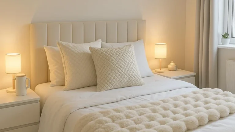 a white bedroom with fluffy blanket and warm light