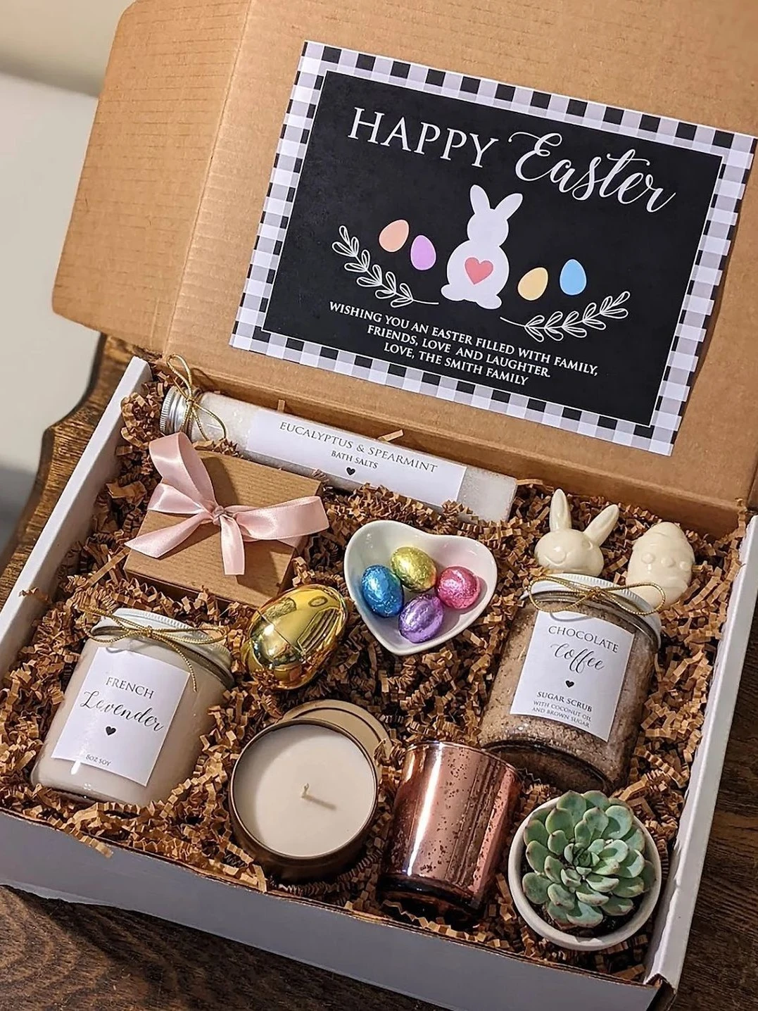 10 Unique Easter Day Gift Ideas for Friends and Coworkers for 2026 10 a diy package with coffee bean, succulent, and candle as easter day gift