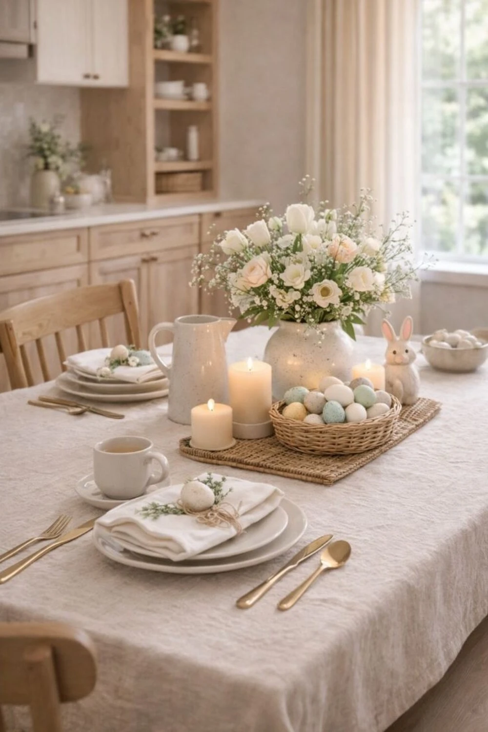 10 Easter Day Home Decor Ideas to Refresh Your Space for Spring 4 a dinning table with flower, eggs, and bunny for easter day