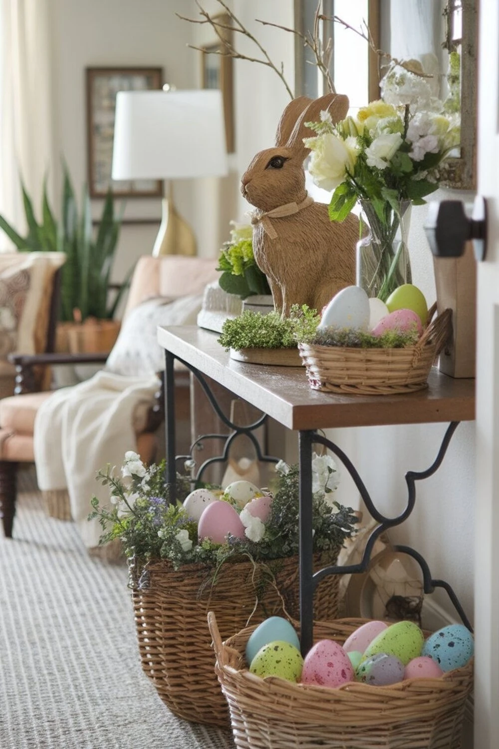10 Easter Day Home Decor Ideas to Refresh Your Space for Spring 11 eggs in woven baskets under side table
