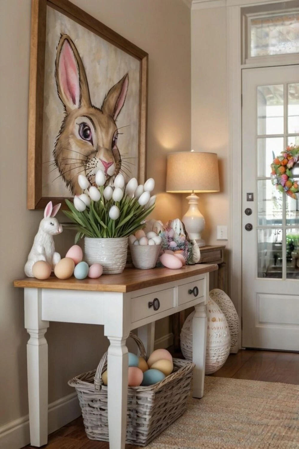10 Easter Day Home Decor Ideas to Refresh Your Space for Spring 2 an entryway decorated with bunny, flower, and egg for easter day
