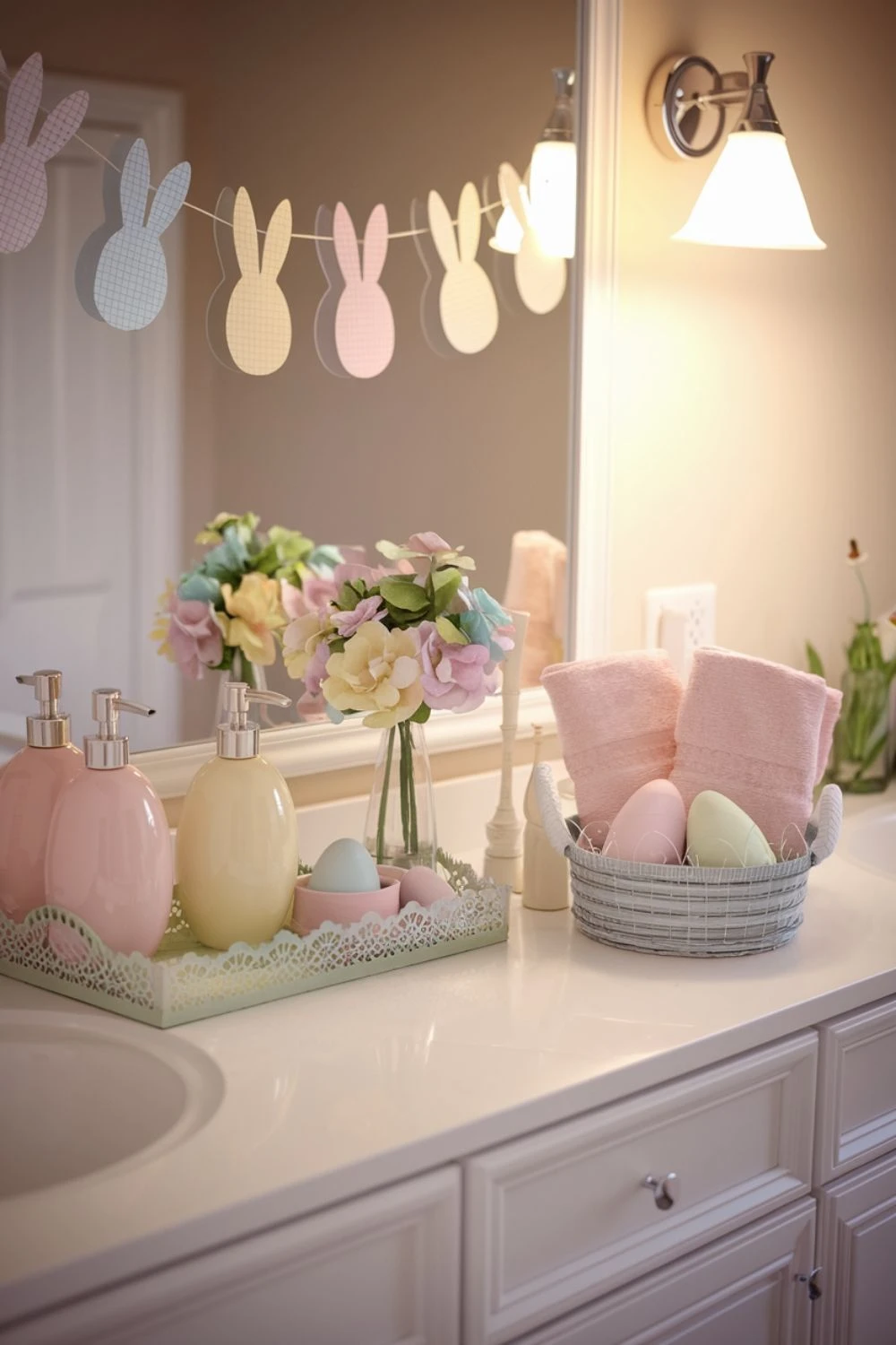 10 Easter Day Home Decor Ideas to Refresh Your Space for Spring 5 a bathroom decorated with bunny shape print string and flower
