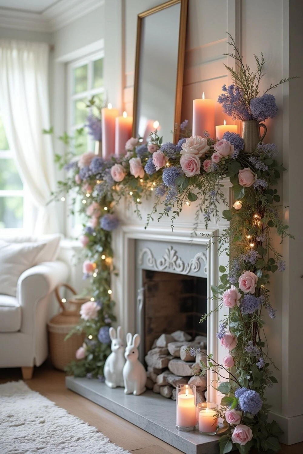 10 Easter Day Home Decor Ideas to Refresh Your Space for Spring 9 a mantel decorated with colorful flower, bunny figures, and candles