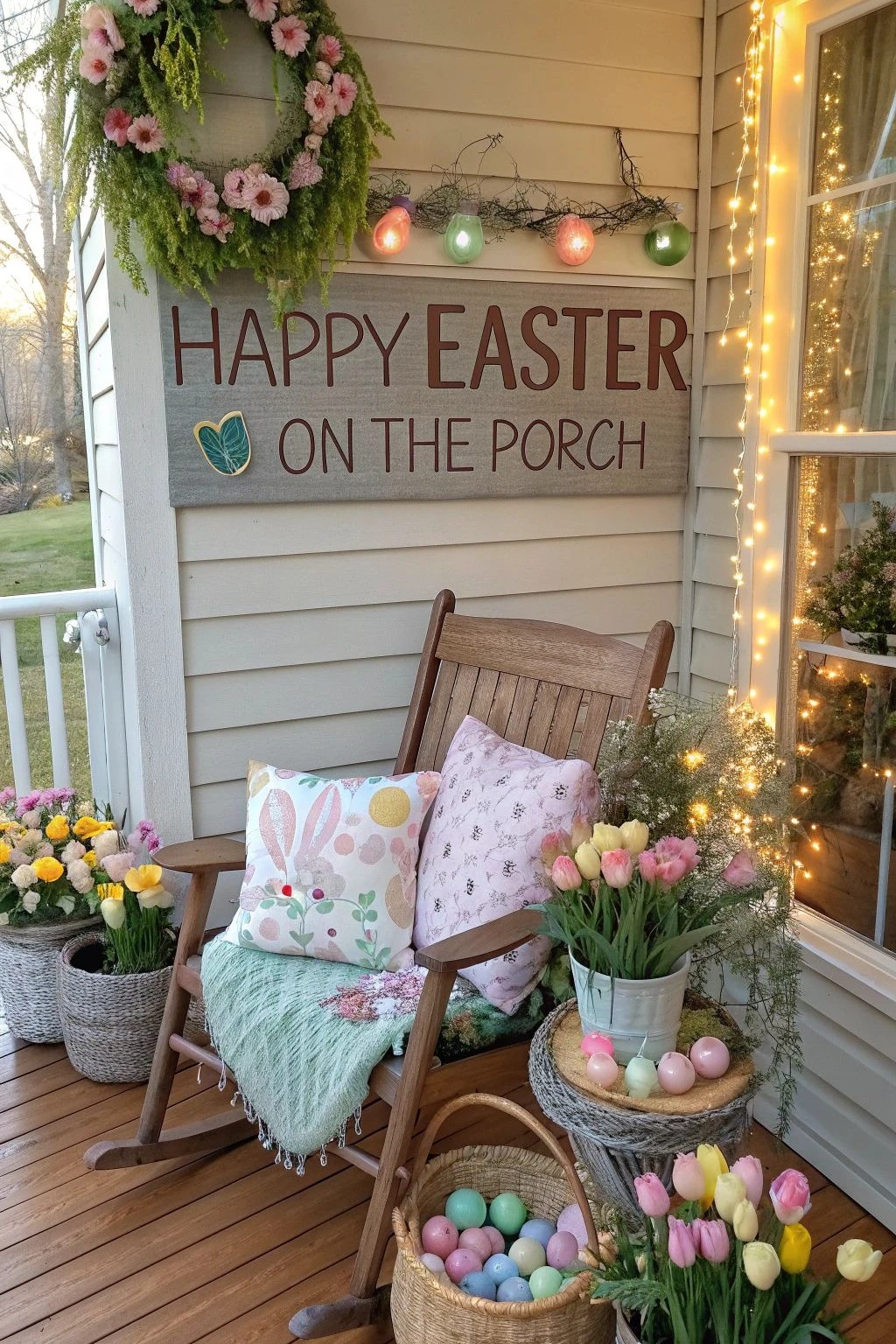 10 Easter Day Home Decor Ideas to Refresh Your Space for Spring 10 a porch decorated with colorful flowers, eggs, and pink pillows for easter day