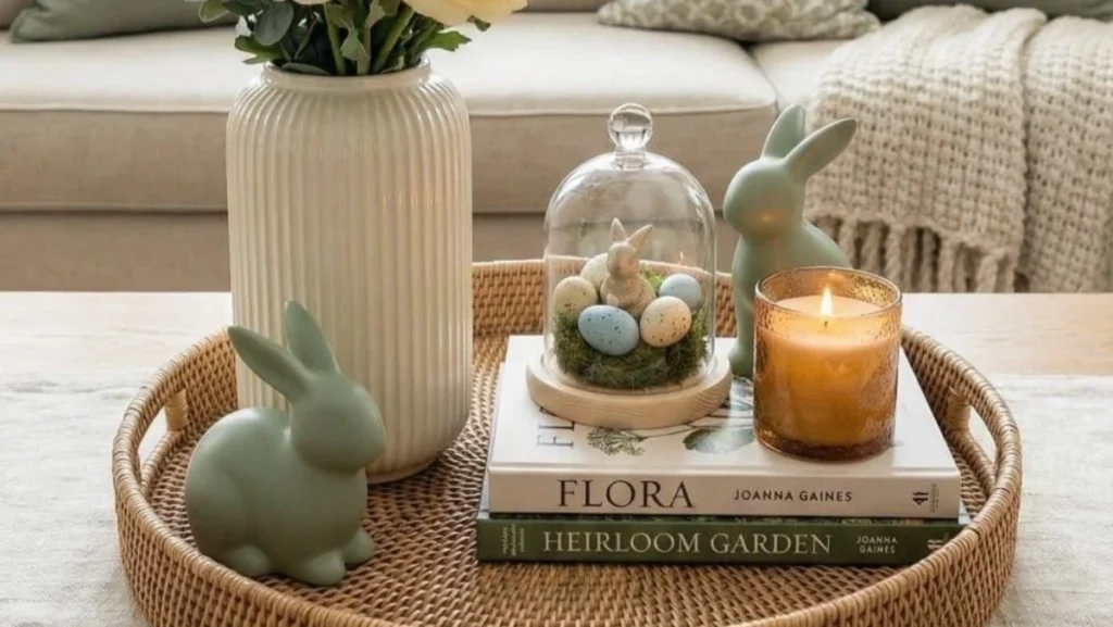 10 Easter Day Home Decor Ideas to Refresh Your Space for Spring 2 a tray on coffee table with flowers, candles, eggs, and bunny figures