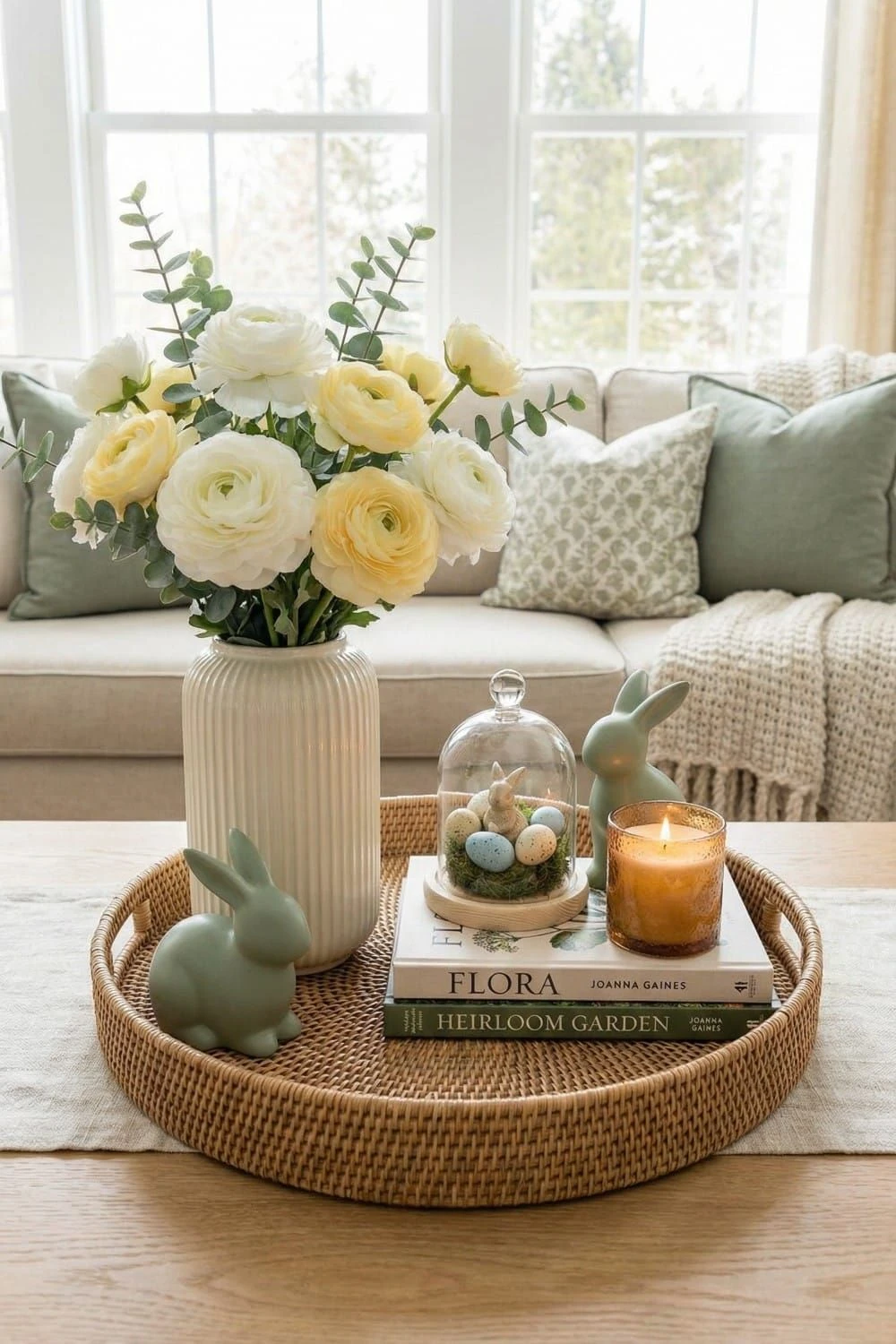 10 Easter Day Home Decor Ideas to Refresh Your Space for Spring 8 a tray on table with flower, bunny figures and eggs for easter day
