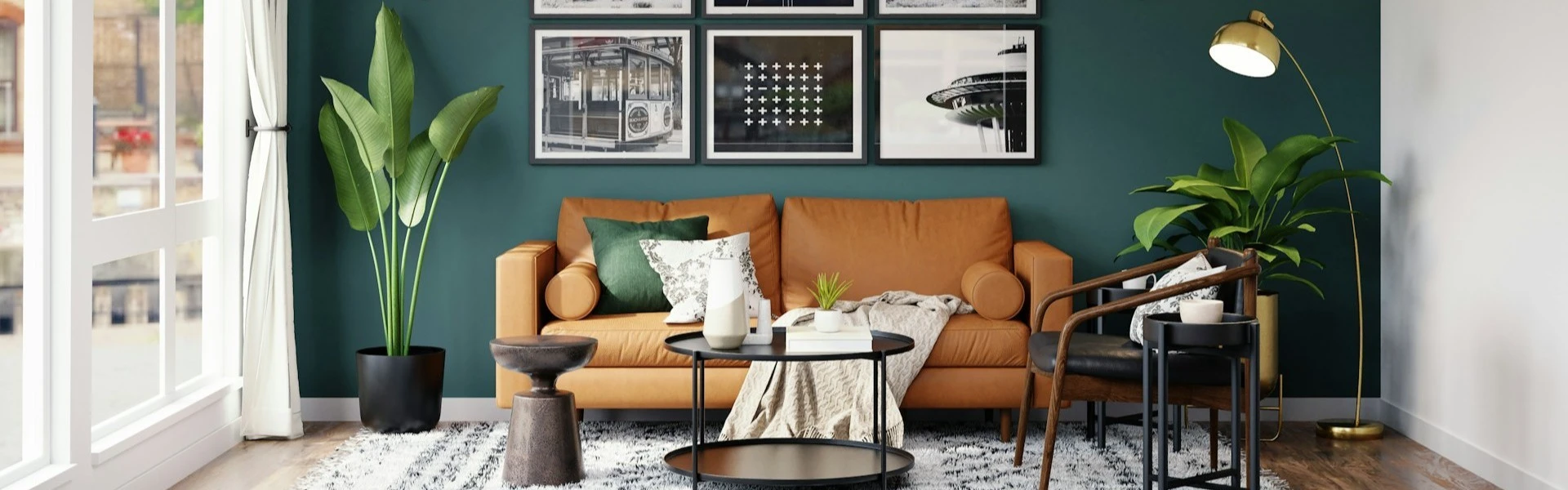 Home 10 a living room with green wall and brown sofa