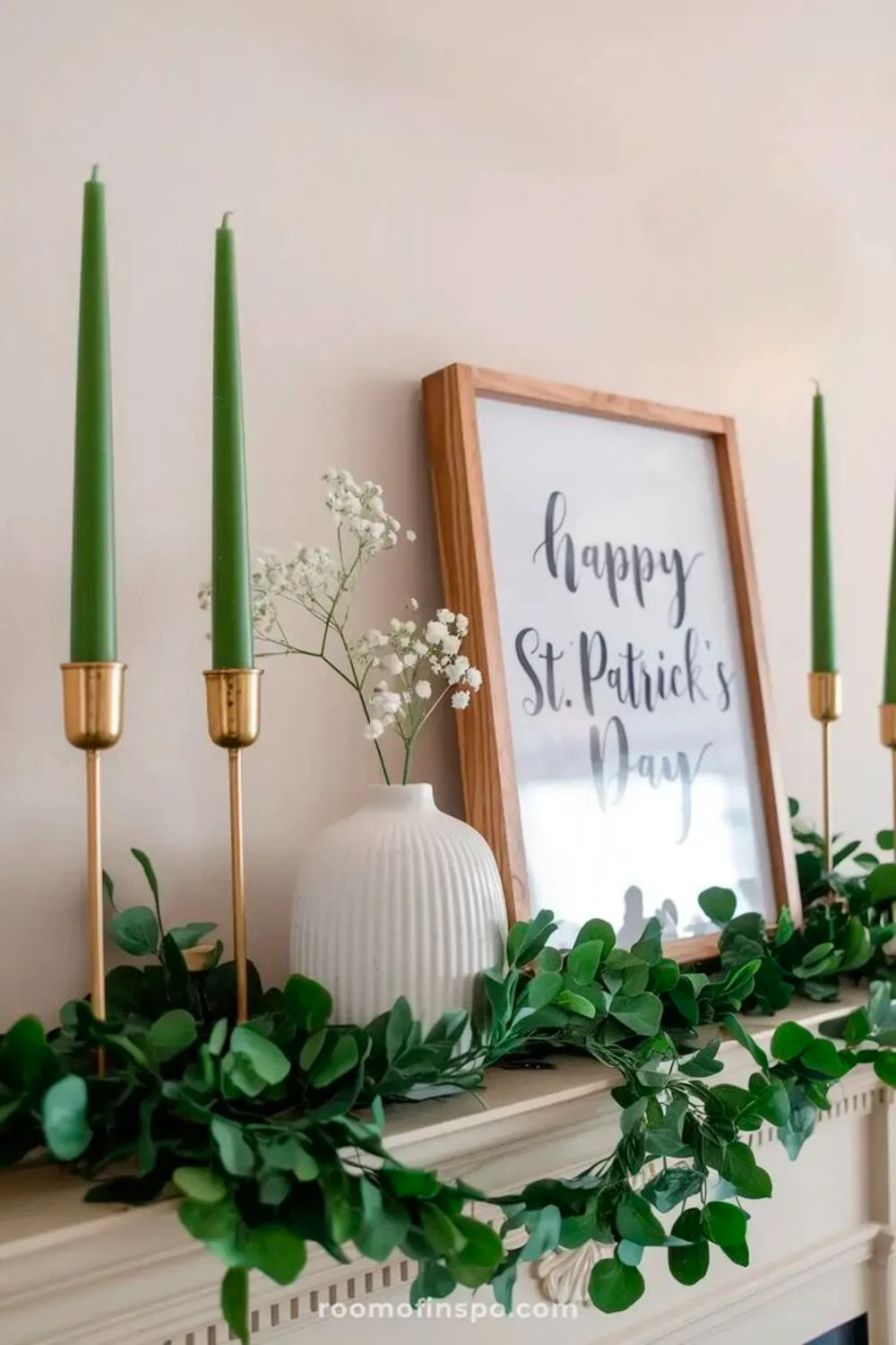 green candles on fireplace as saint patrick day decor