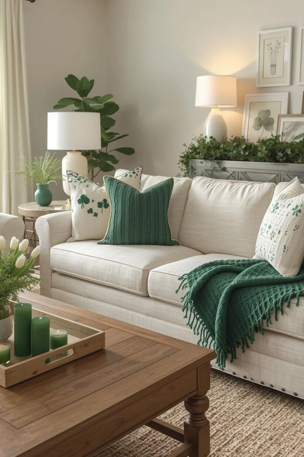 a living room with green pillows and green blanket for saint patrick day