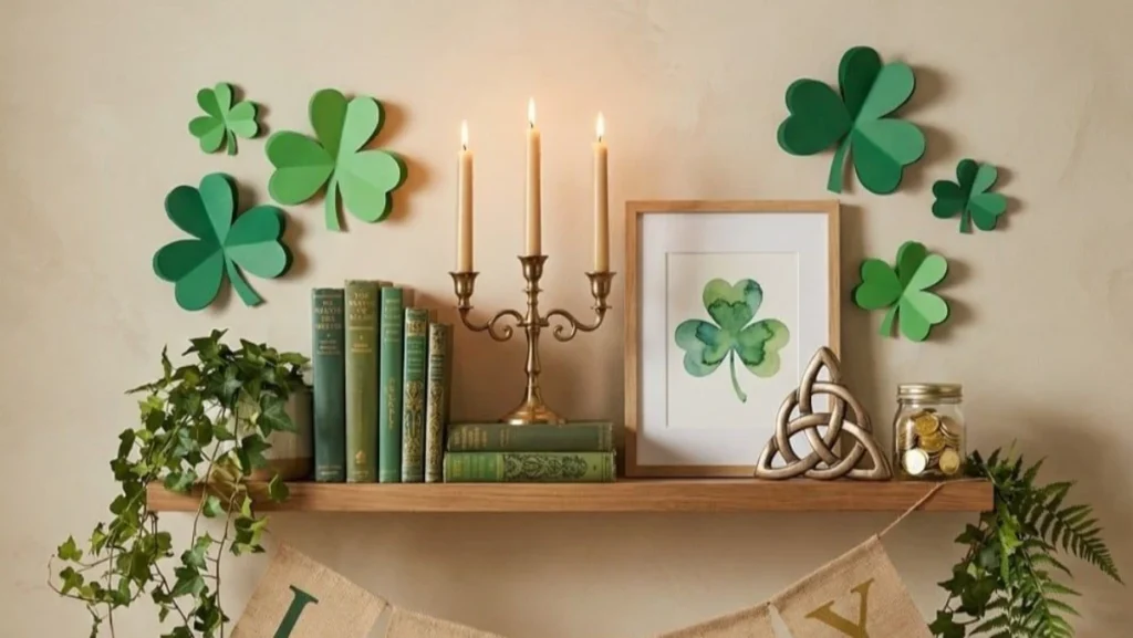 12 Stylish Saint Patrick’s Day Decor Ideas Anyone Can Do for 2026 6 paper shamrock on floating shelf with candles for saint patrick day