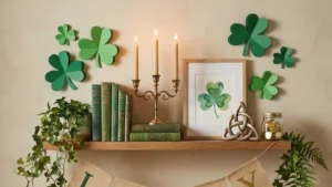 paper shamrock on floating shelf with candles for saint patrick day