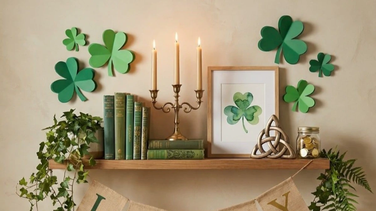 paper shamrock on floating shelf with candles for saint patrick day