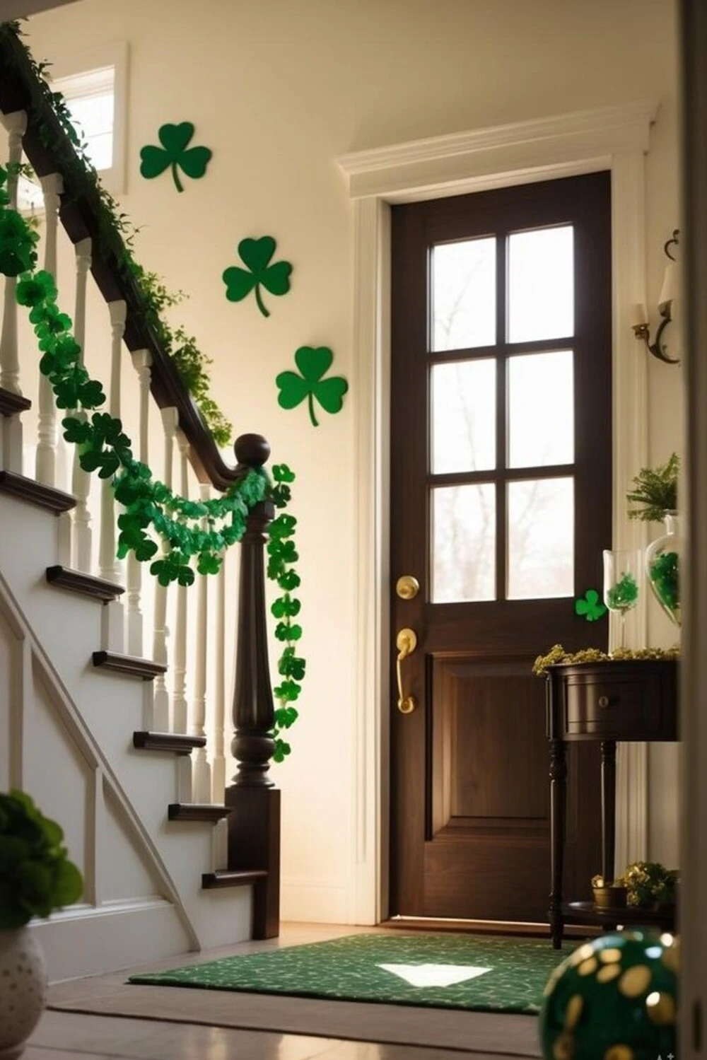 an entryway decorated with shamrock sign for saint patrick day