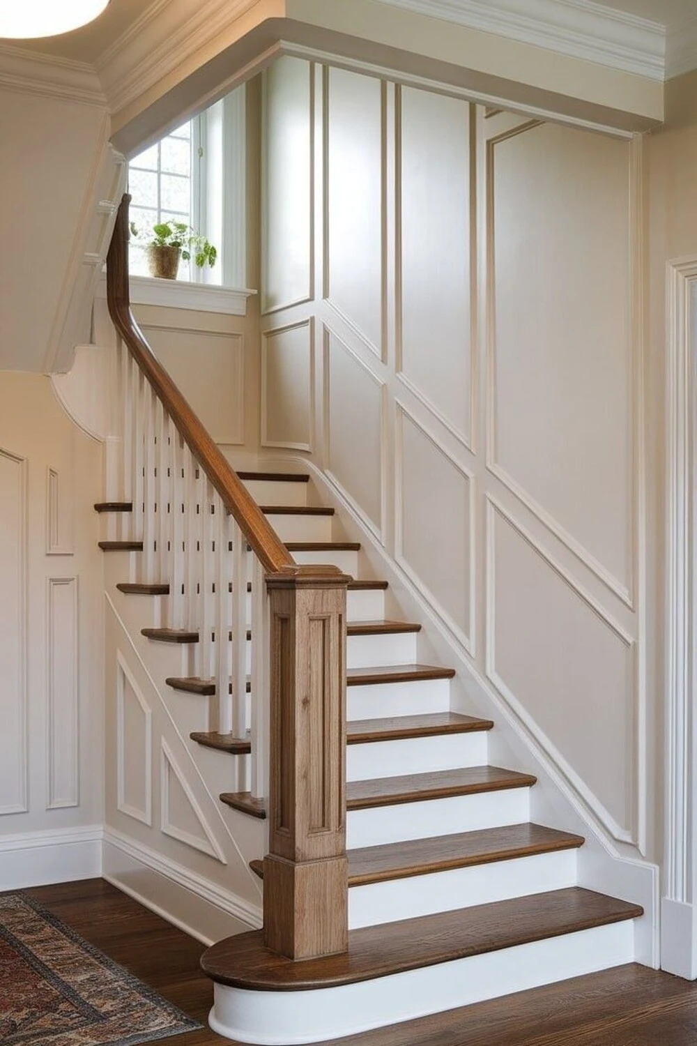 a staircase wall decorated with molding