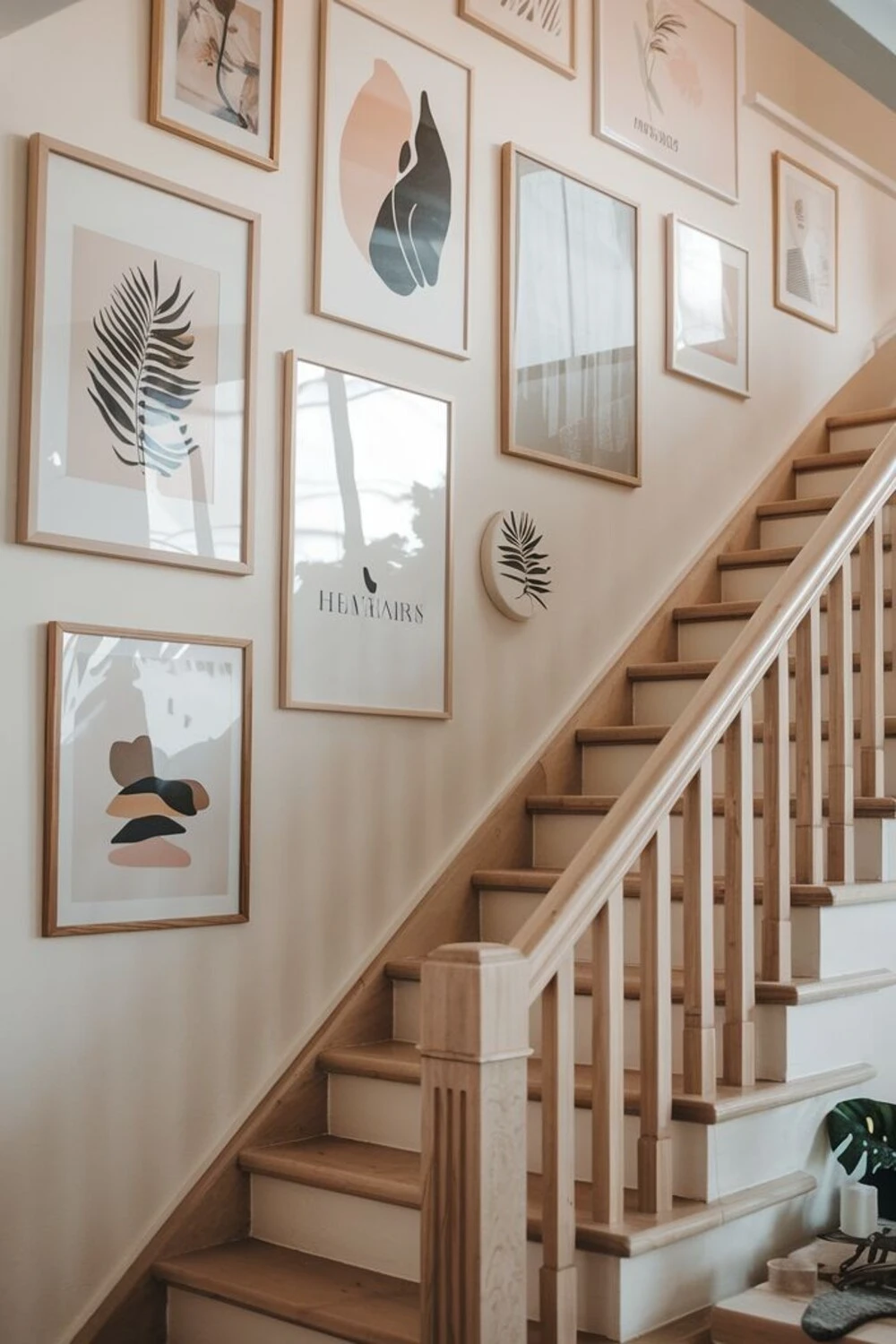 a staircase wall decorated with natural style photo wall