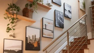 a staircase wall decorated with black and white photo and potted plants