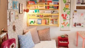 a reading nook for kid with warm light and soft pillows