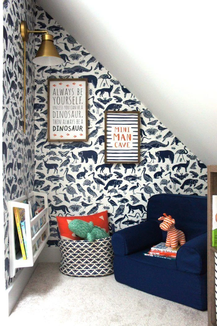 7 Of The Cutest Design Ideas For a Reading Nook For Your Kids 4 a reading nook under the stair with animal wallpaper