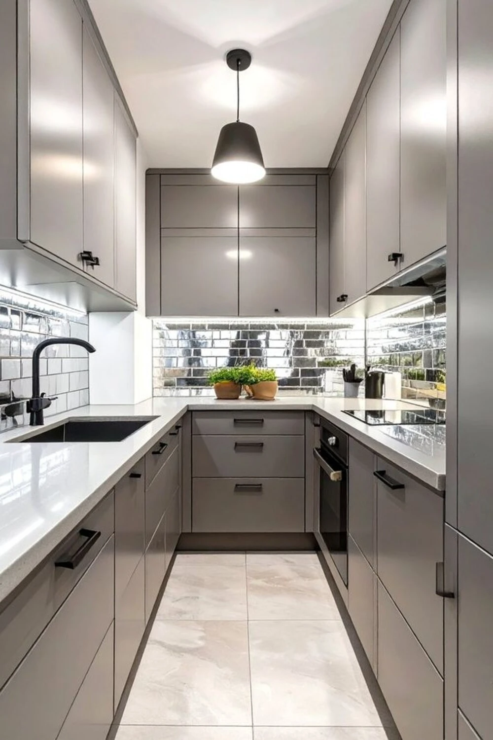 Short on Space? 10 Basement Galley Ideas That Work 4 a basement galley kitchen with mirrored reflective backsplash